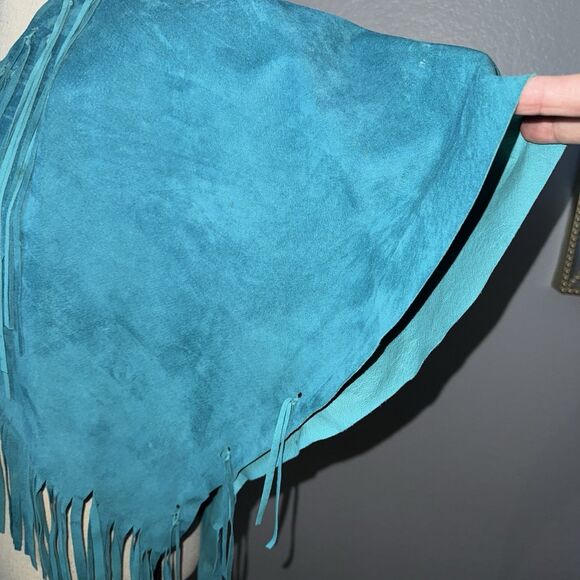 Vintage Western Teal Blue Suede Leather Fringe Shawl Cape Poncho Rodeo Hand made - Picture 6 of 16